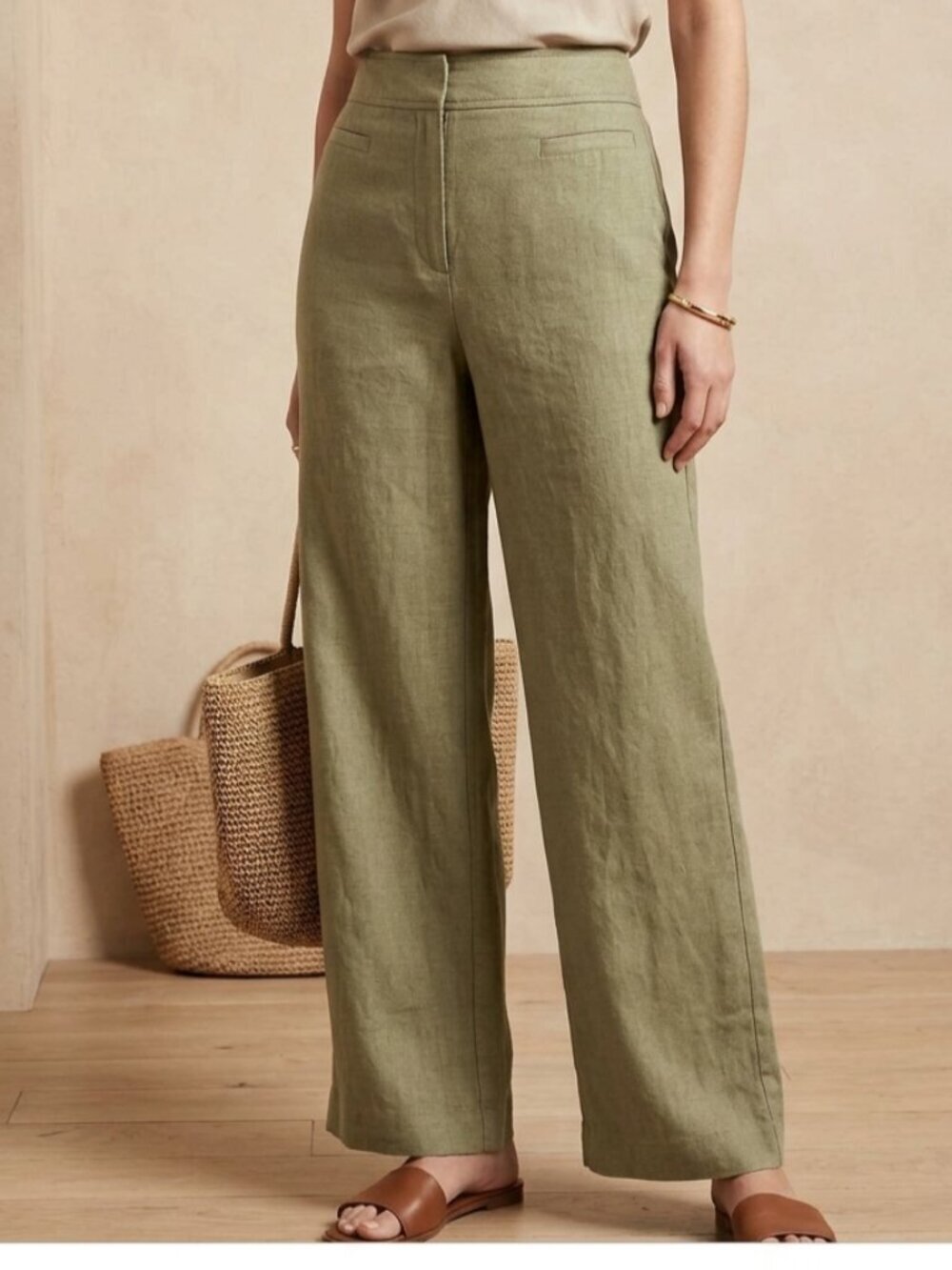Kasper Women's Size 4 Sage Linen Blend Wide Leg Zip Front Pockets Trouser Pants
